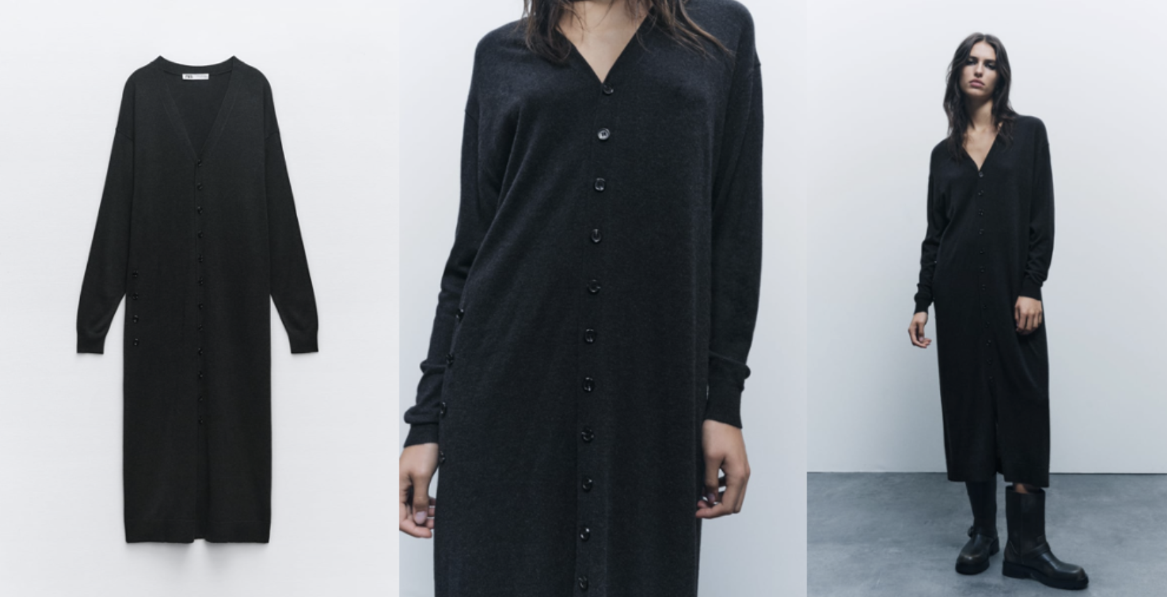 A cozy long sweater dress in a neutral shade, ideal for fall/winter