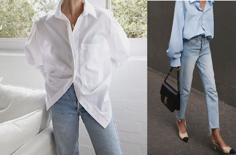 A white shirt and a light blue shirt hanging side by side