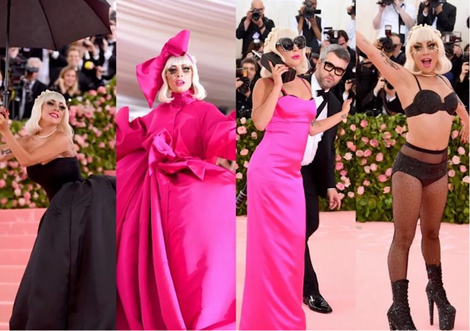 Lady Gaga performing multiple outfit changes on the pink carpet at the 2019 Met Gala