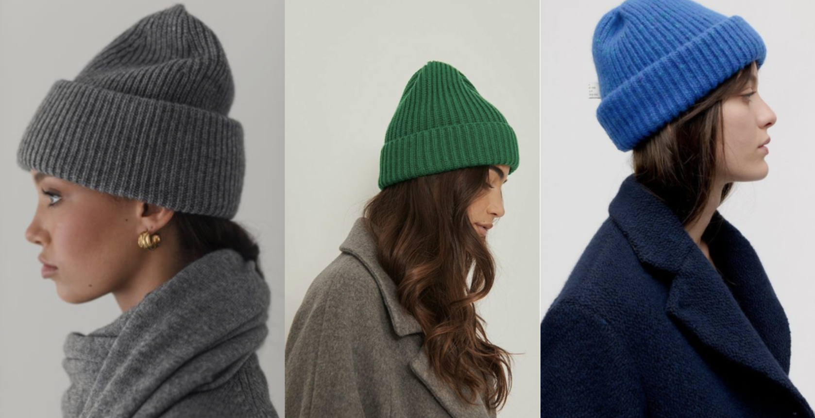 Three different winter beanies in knitted textures
