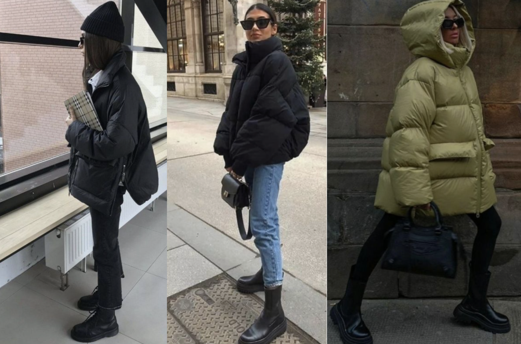 Three puffer jackets in various colors and lengths