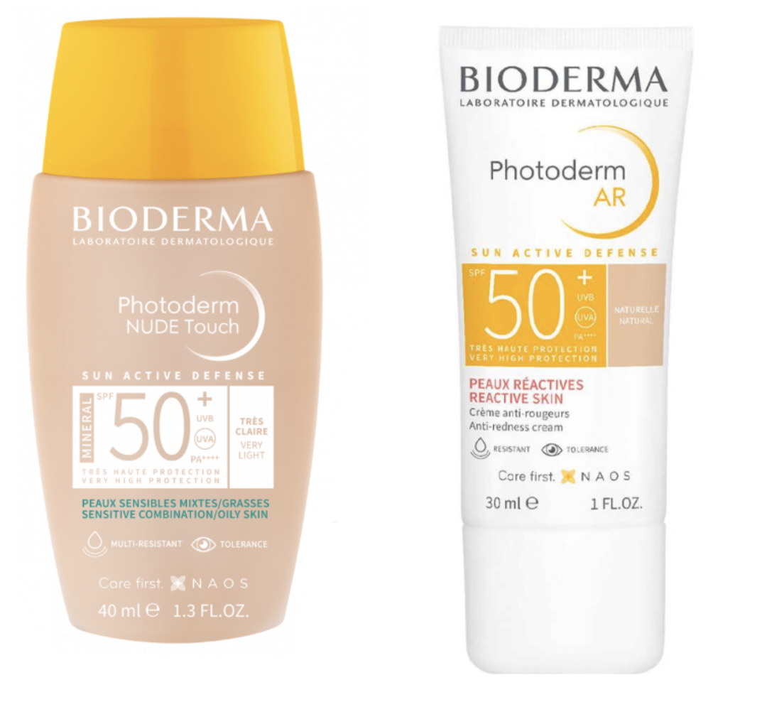 Two Bioderma sunscreens side by side: Nude Touch 50+ (light) and Photoderm AR (natural tint)