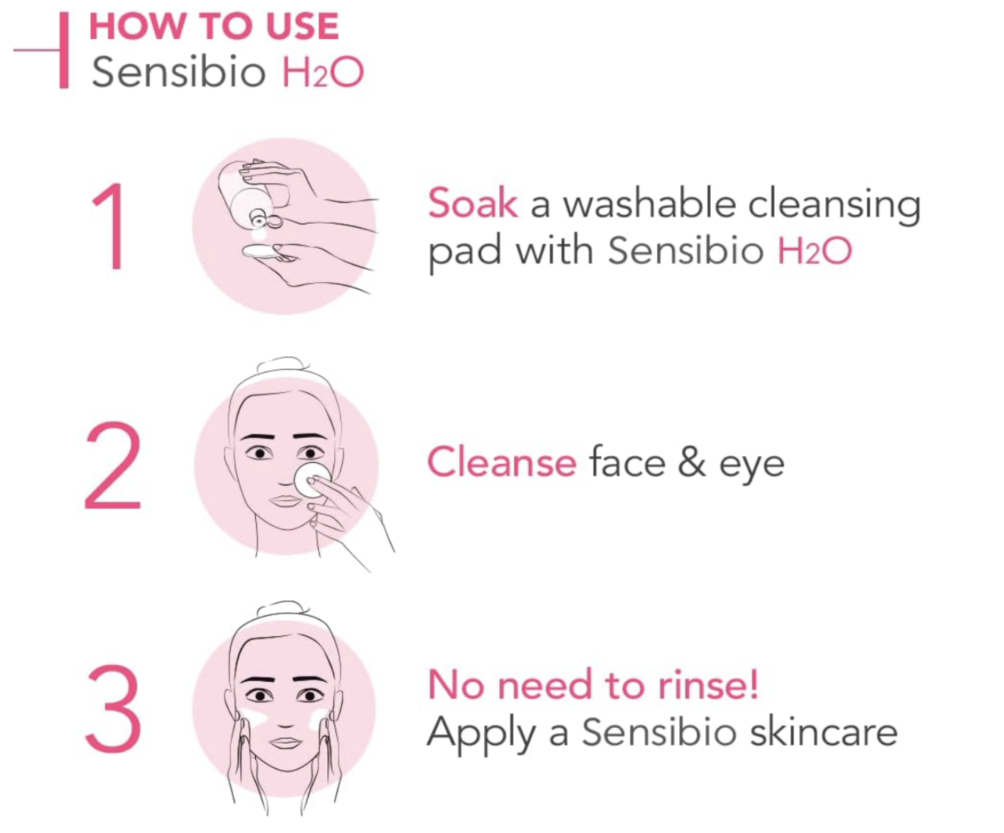 Step-by-step guide showing how to use Bioderma micellar water with cotton pads
