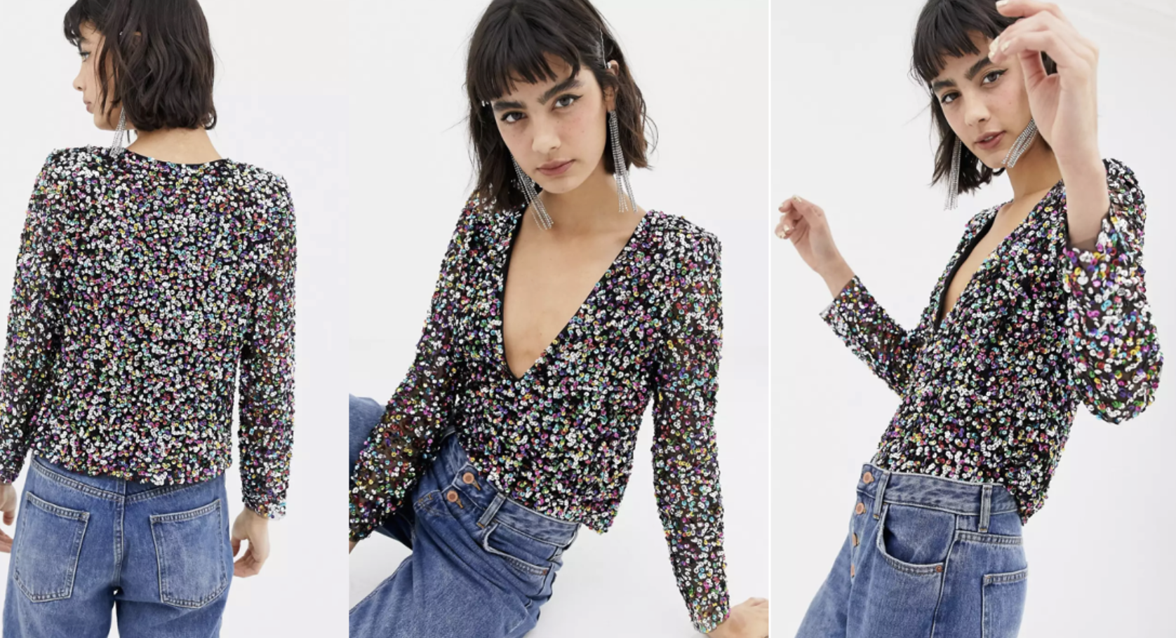 A close-up photo of a sequin top worn for New Year’s Eve 2024, featuring sparkly silver details