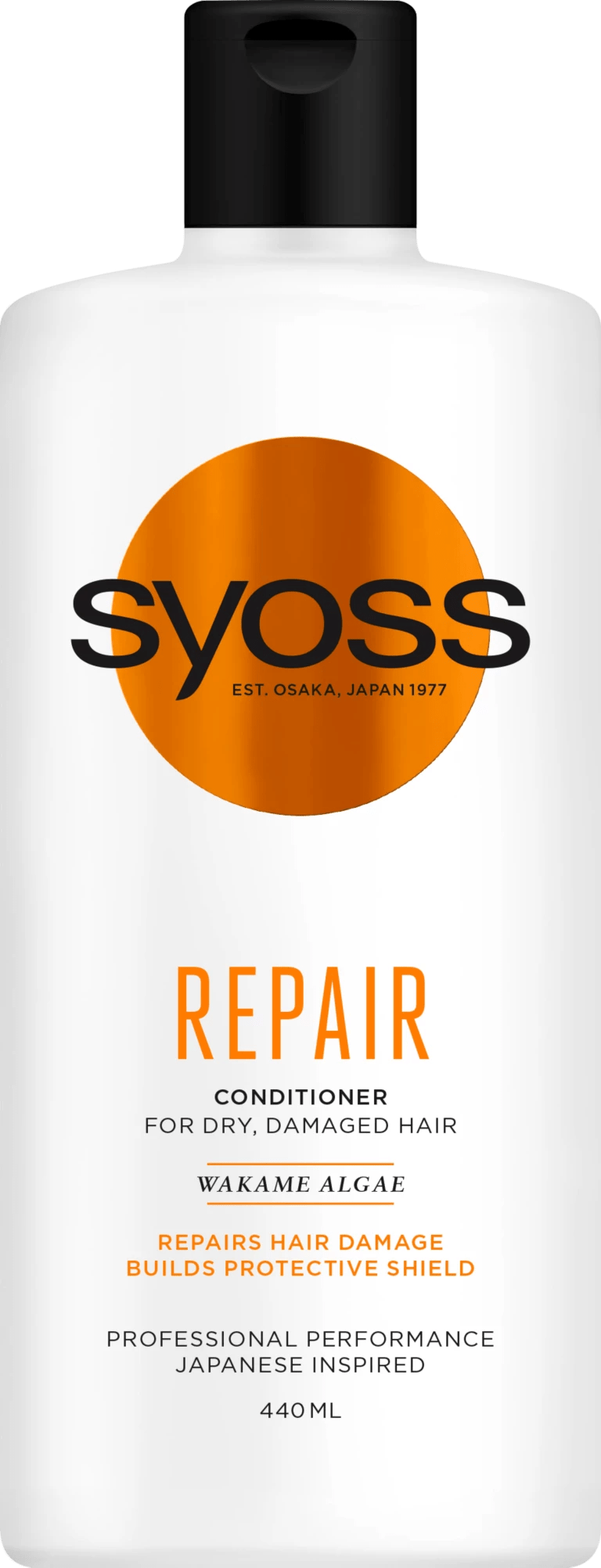 Syoss Repair Conditioner bottle for dry and damaged hair placed on a bathroom shelf