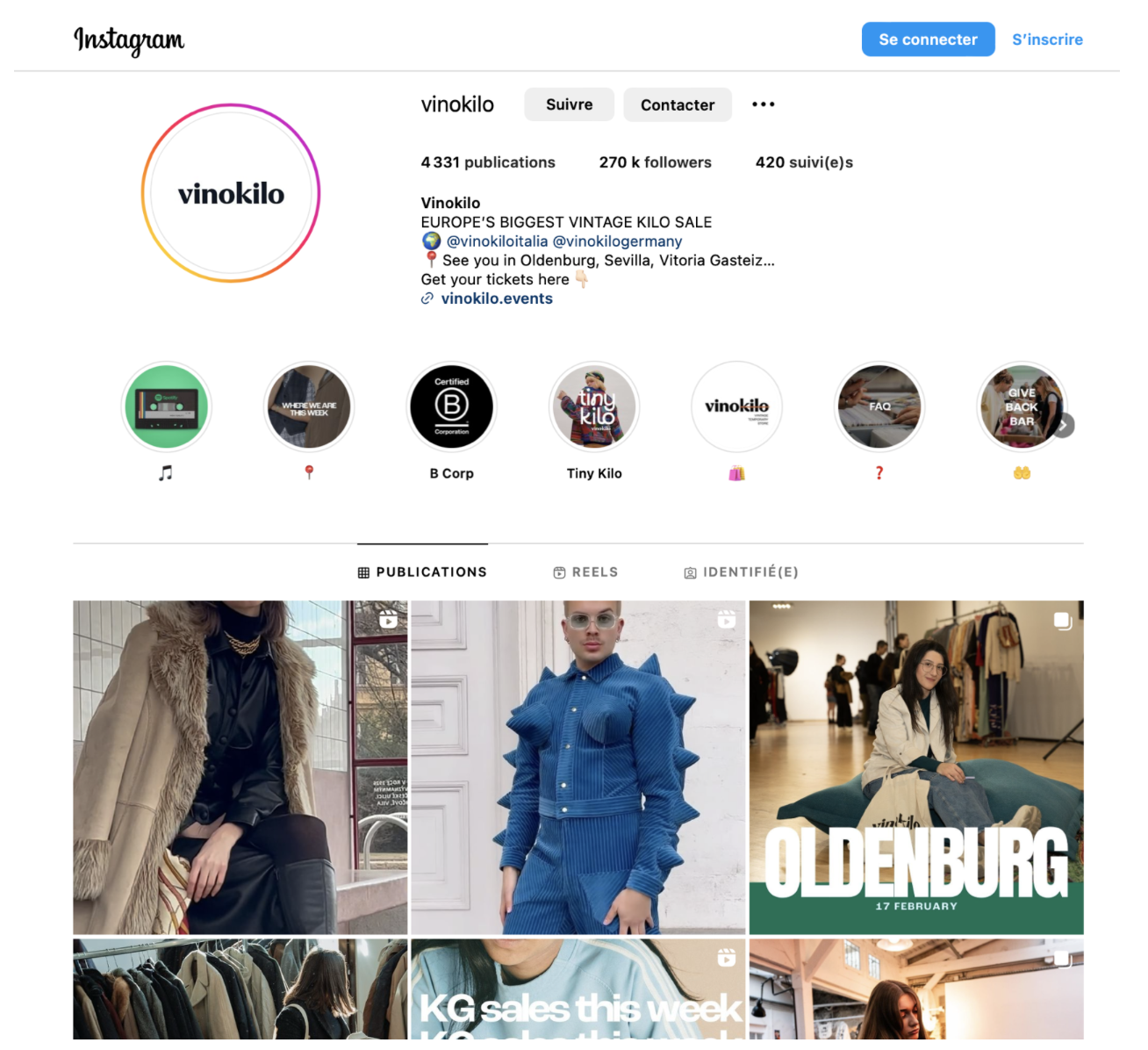 Screenshot of the Vinokilo Instagram page featuring vintage fashion