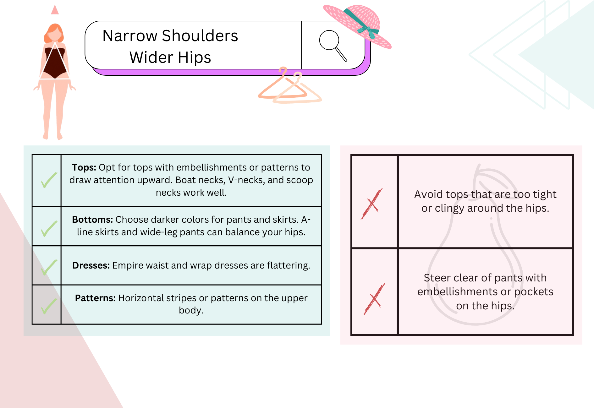 Style guide for pear/triangle body shape: what to wear and avoid