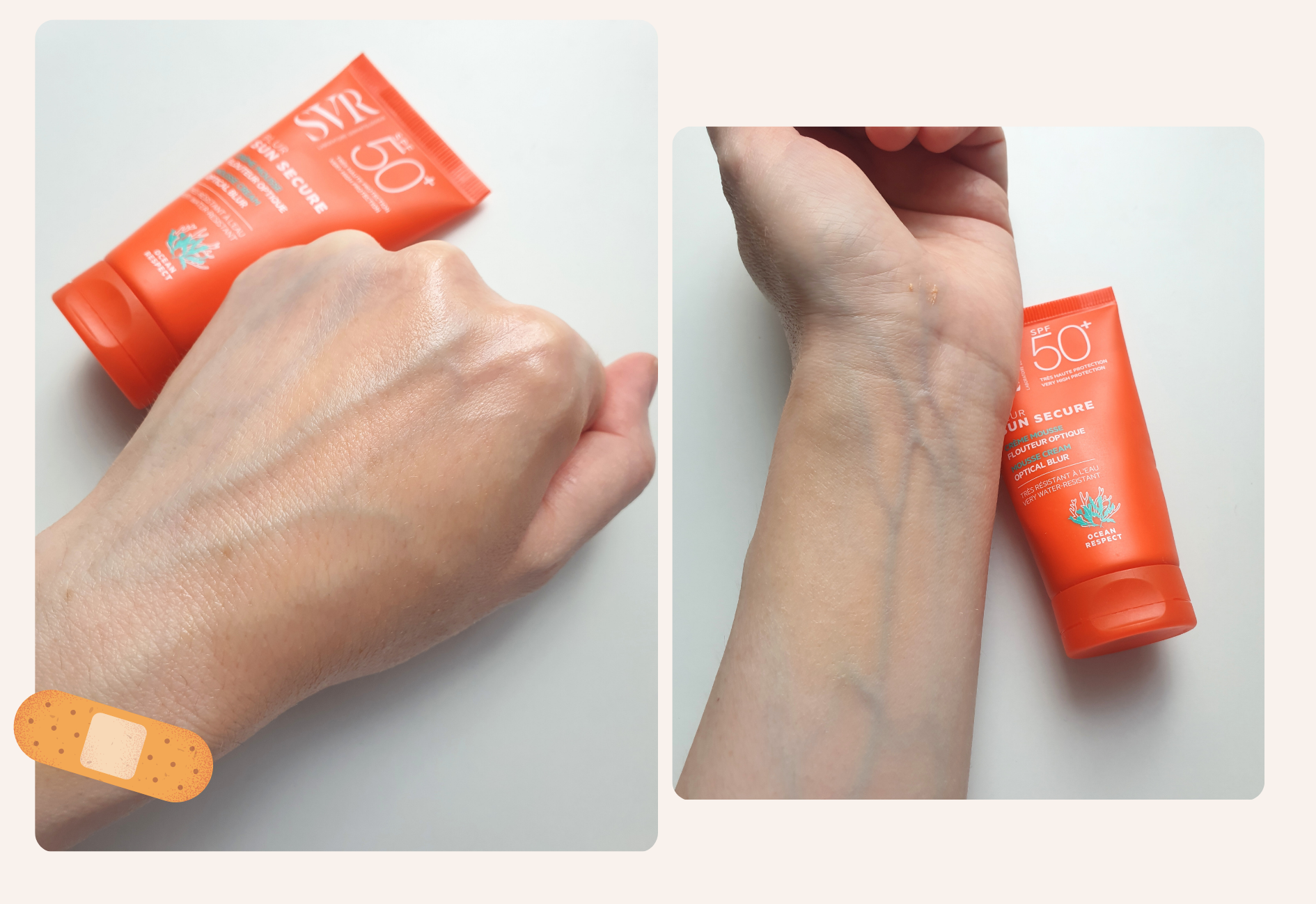 SVR Blur Sun Secure SPF 50+ applied to skin, showing transparency