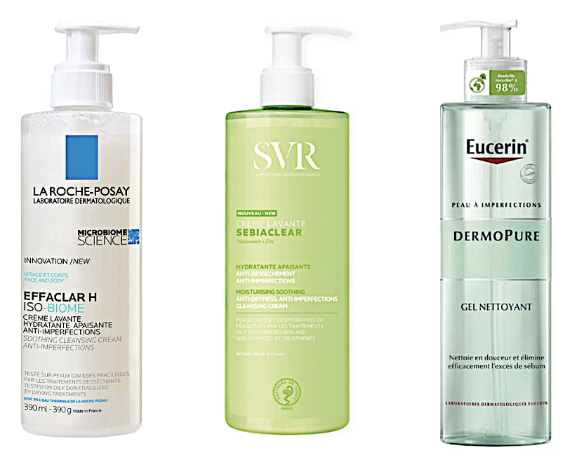 Three facial cleansers: La Roche-Posay, SVR, Eucerin