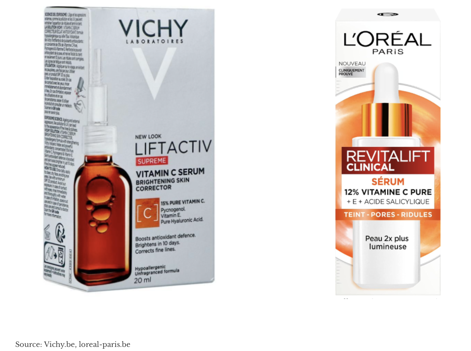 Vichy Liftactiv Supreme Vitamin C 15% and L'Oréal Revitalift Clinical Vitamin C 12% serums