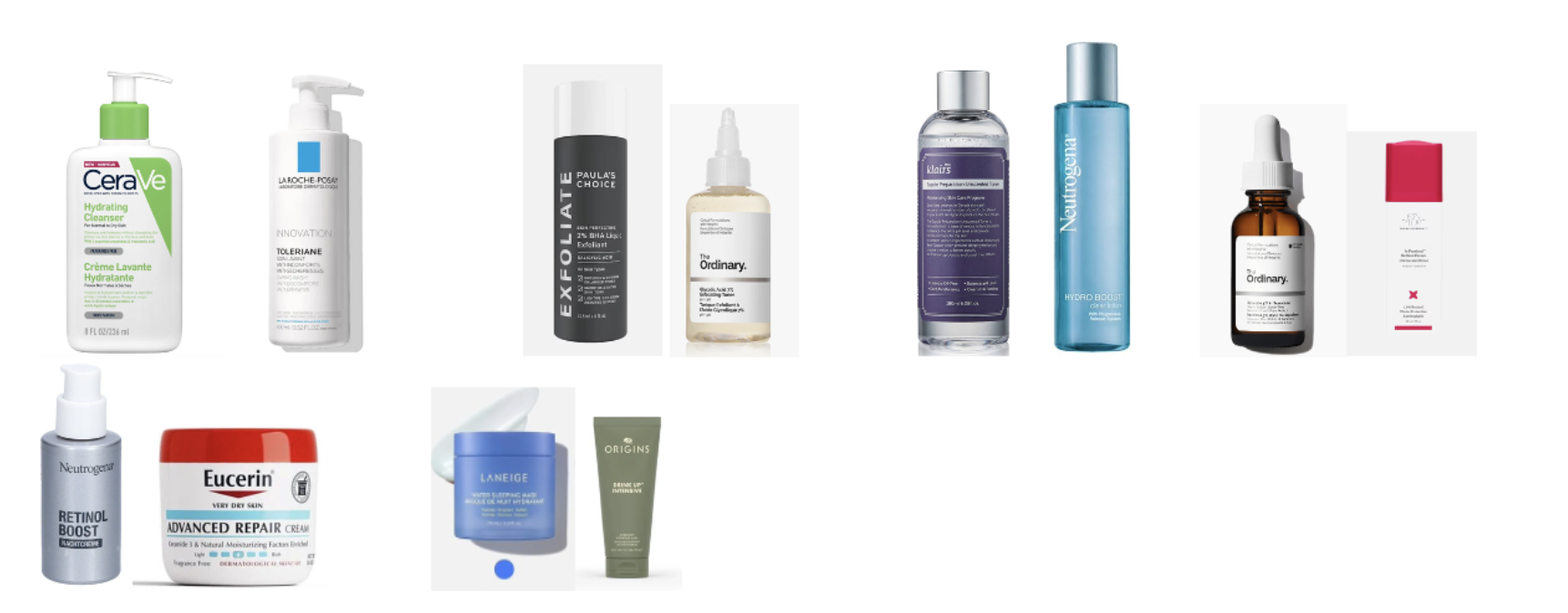 Collection of skincare products recommended by ChatGPT for an evening routine