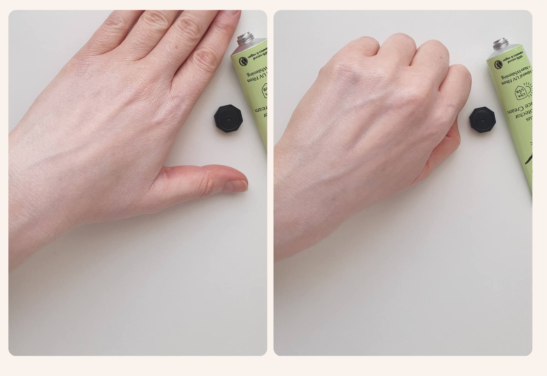 hej mineral sunscreen applied on hand showing white cast