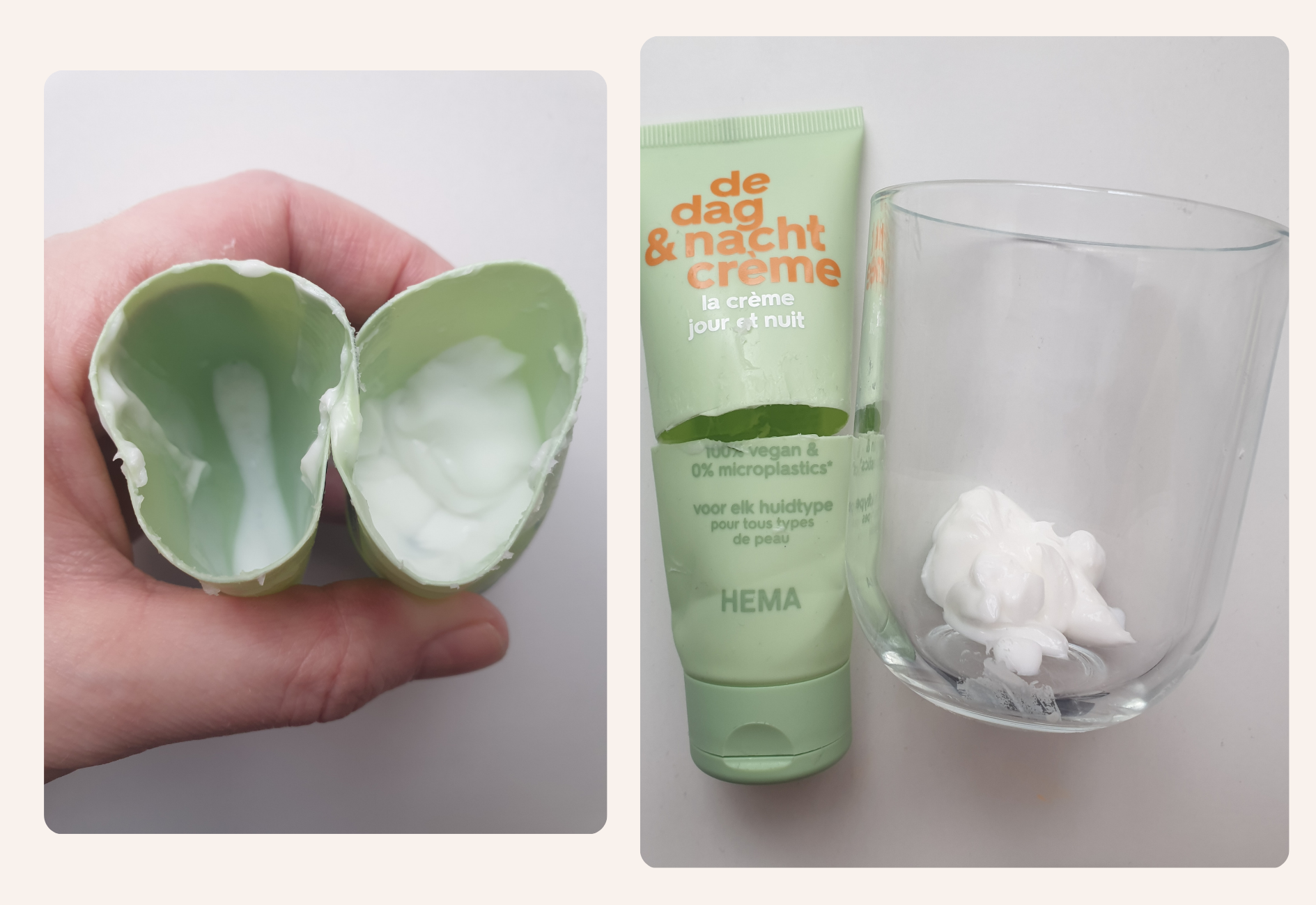 Shows the skincare tube cut in half in order to see the amount of skincare left in the tube